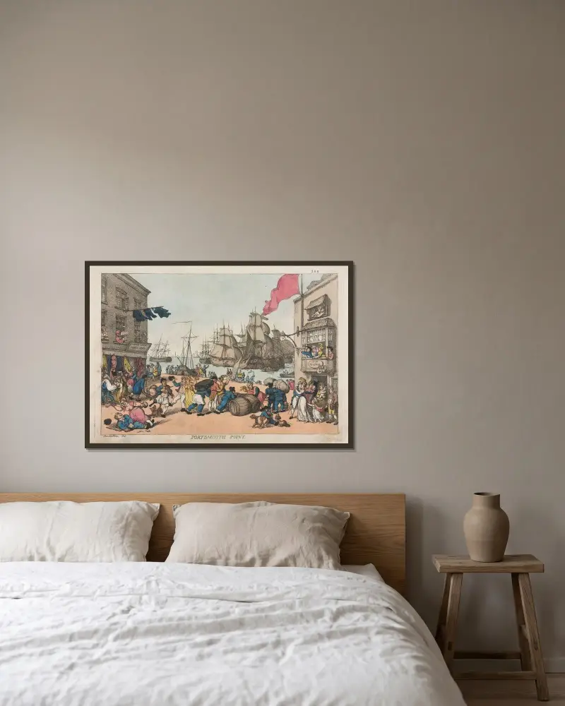 Portsmouth Point av Thomas Rowlandson inramad på en vägg