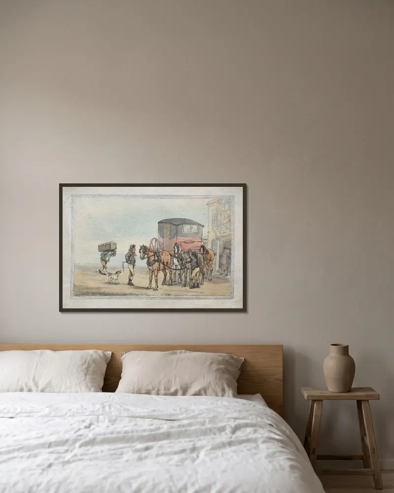 Postpojkar och posthästar vid White Hart Inn av Thomas Rowlandson inramad på en vägg