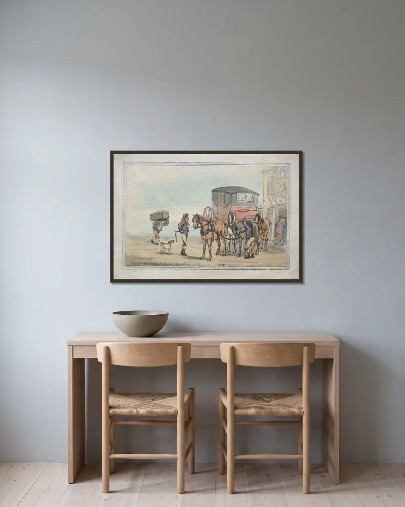 Postpojkar och posthästar vid White Hart Inn av Thomas Rowlandson inramad på en vägg