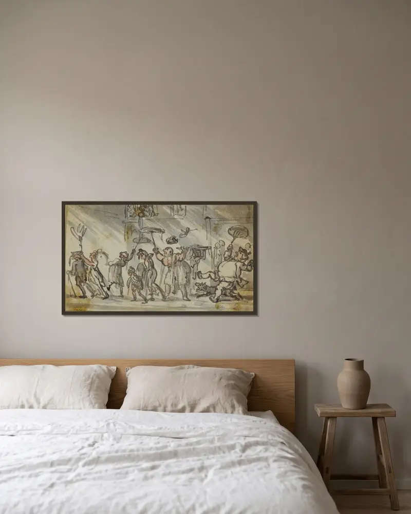 Regnstorm av Thomas Rowlandson inramad på en vägg