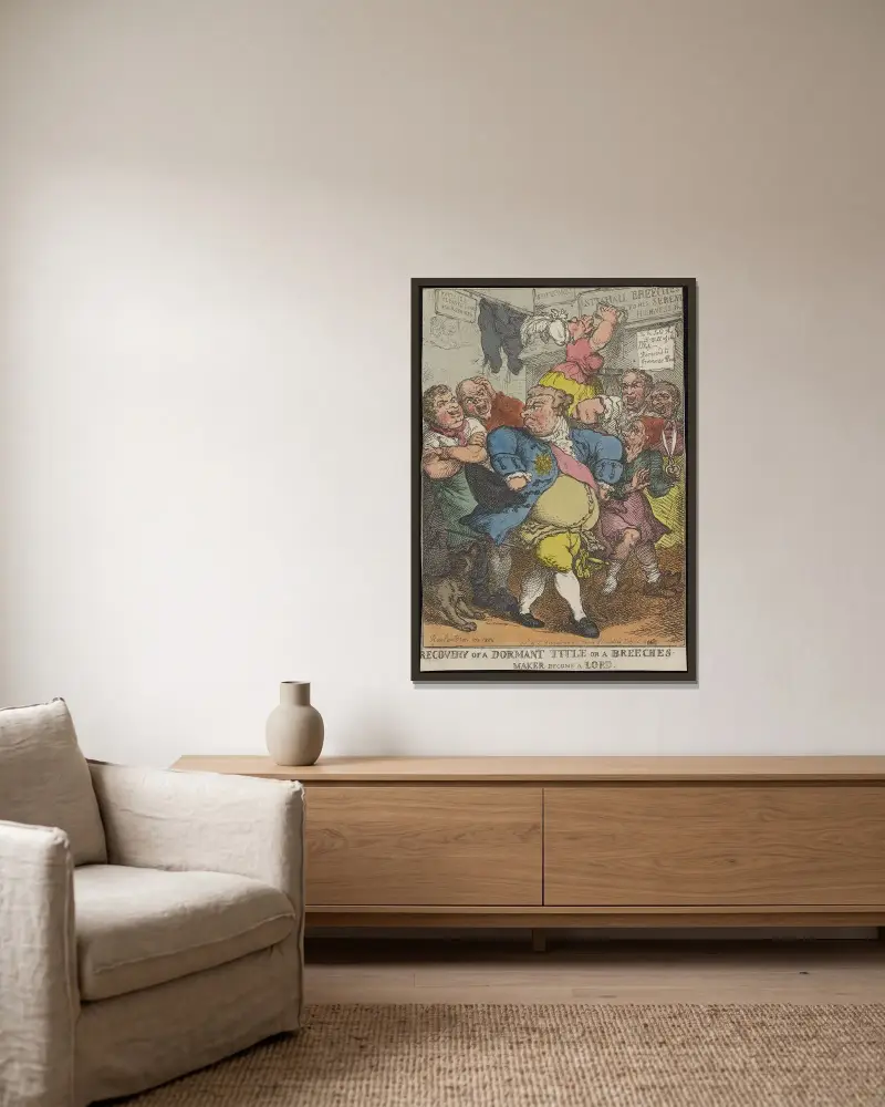 Wiedererlangung eines ruhenden Titels, oder Ein Hosenmacher wird ein Lord von Thomas Rowlandson gerahmt an einer Wand