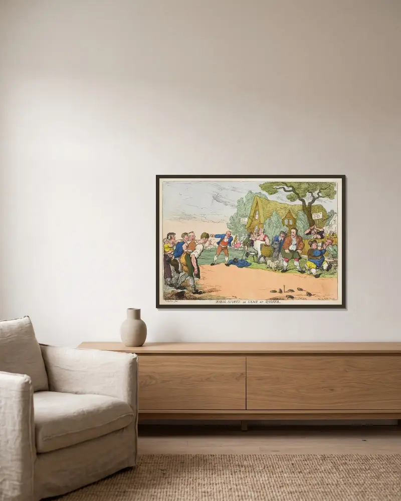 Ländliches Vergnügen oder Spiel beim Quoits von Thomas Rowlandson gerahmt an einer Wand