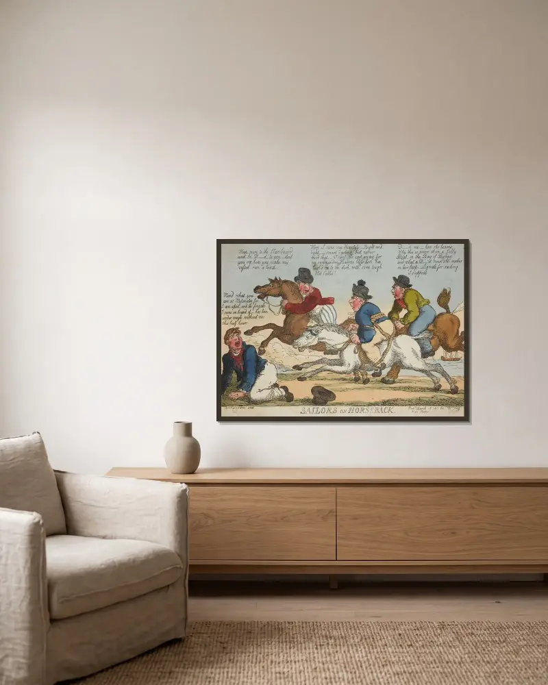Ryttare till sjöss av Thomas Rowlandson inramad på en vägg