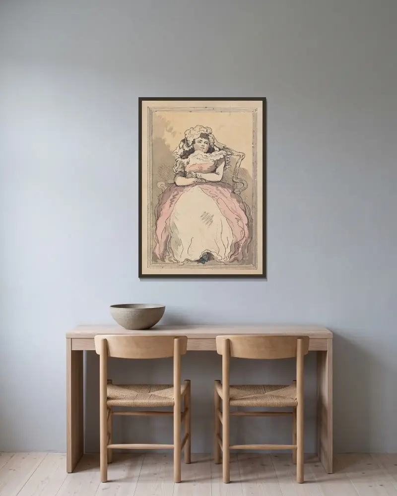 Sittande kvinna i rosa klänning av Thomas Rowlandson inramad på en vägg