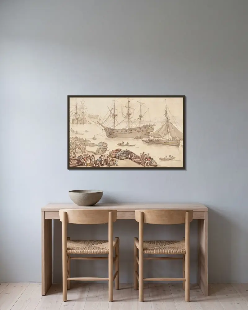 Skeppslandning, troligen i Portsmouth av Thomas Rowlandson inramad på en vägg