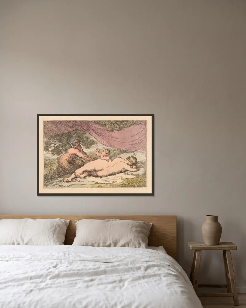 Sovande nymf och satyr av Thomas Rowlandson inramad på en vägg