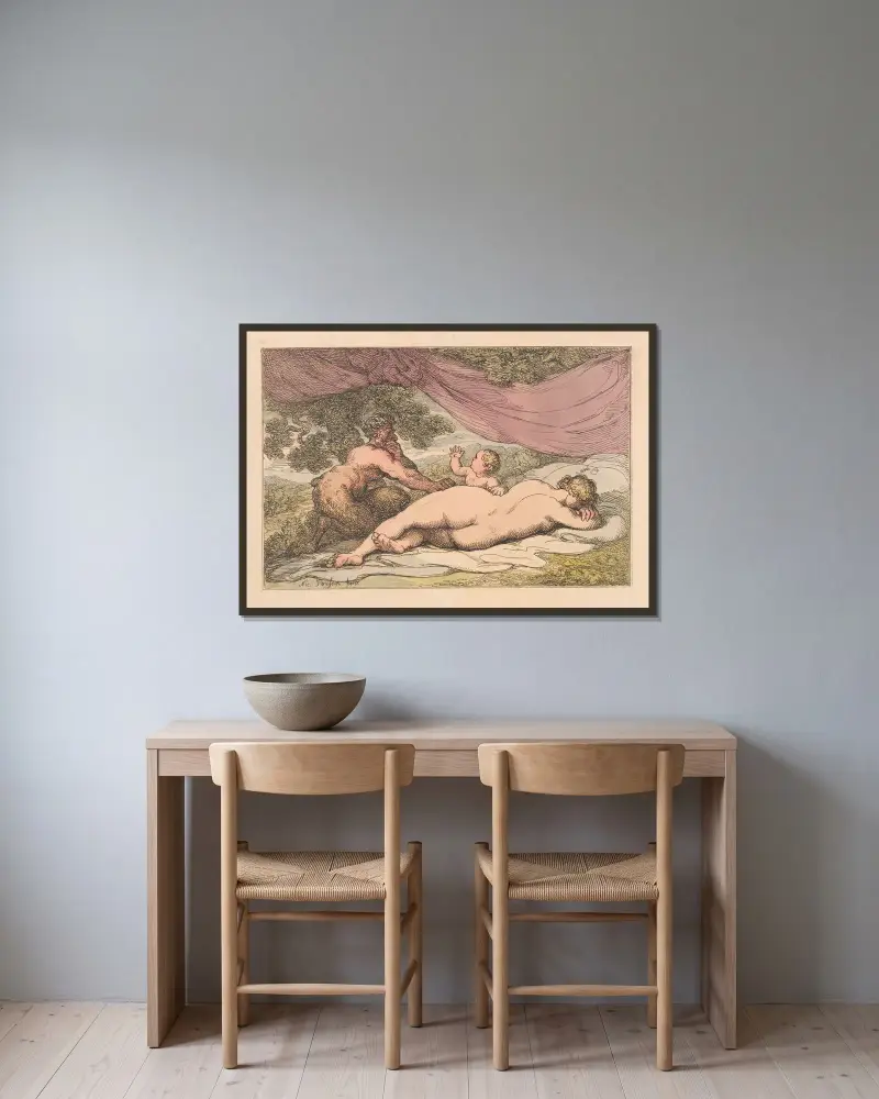 Sovande nymf och satyr av Thomas Rowlandson inramad på en vägg
