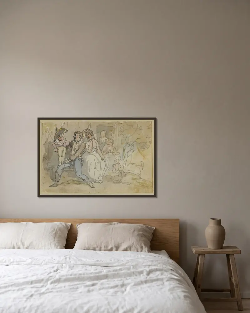 Soldat med sin familj av Thomas Rowlandson inramad på en vägg