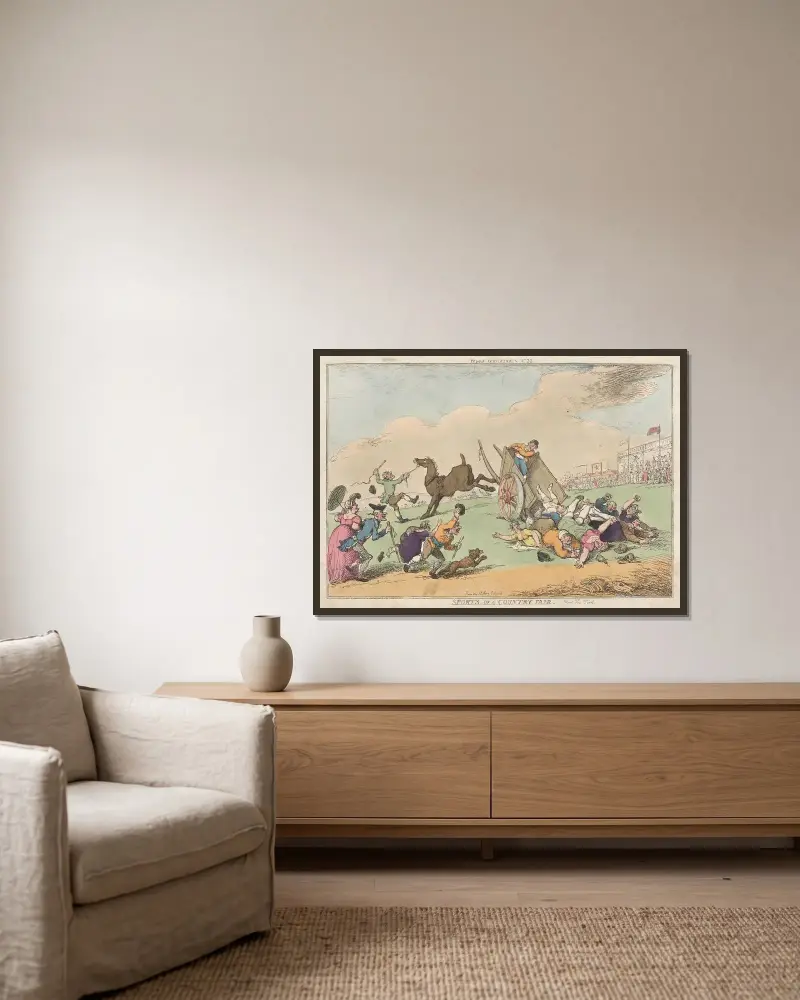 Nöjen på en landsortsmässa. Del ett av Thomas Rowlandson inramad på en vägg