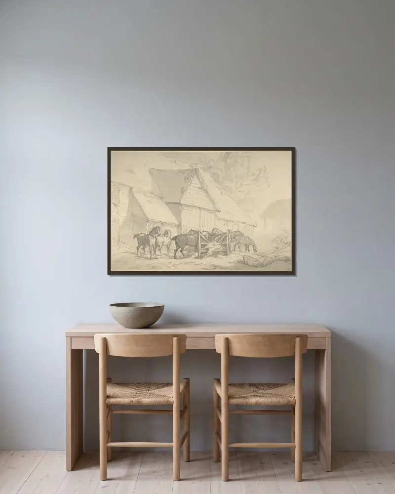 Stallgård med hästar av Thomas Rowlandson inramad på en vägg