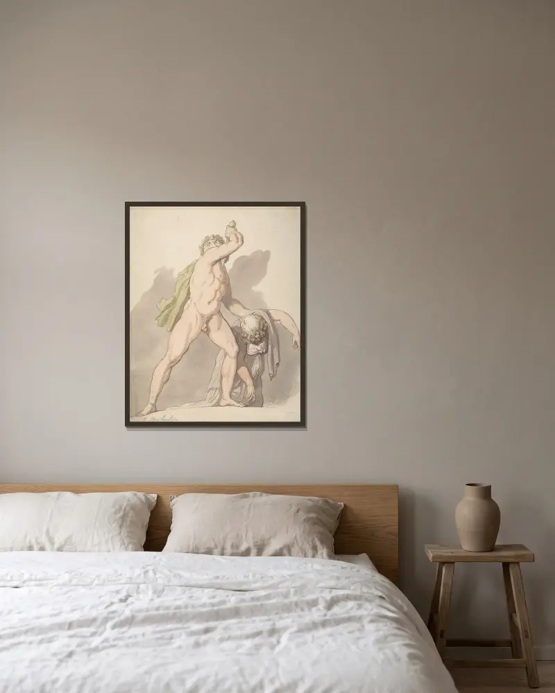 Stående naken man som stöttar svimmande kvinna (Ludovisi-gallern i Uffizi) av Thomas Rowlandson inramad på en vägg