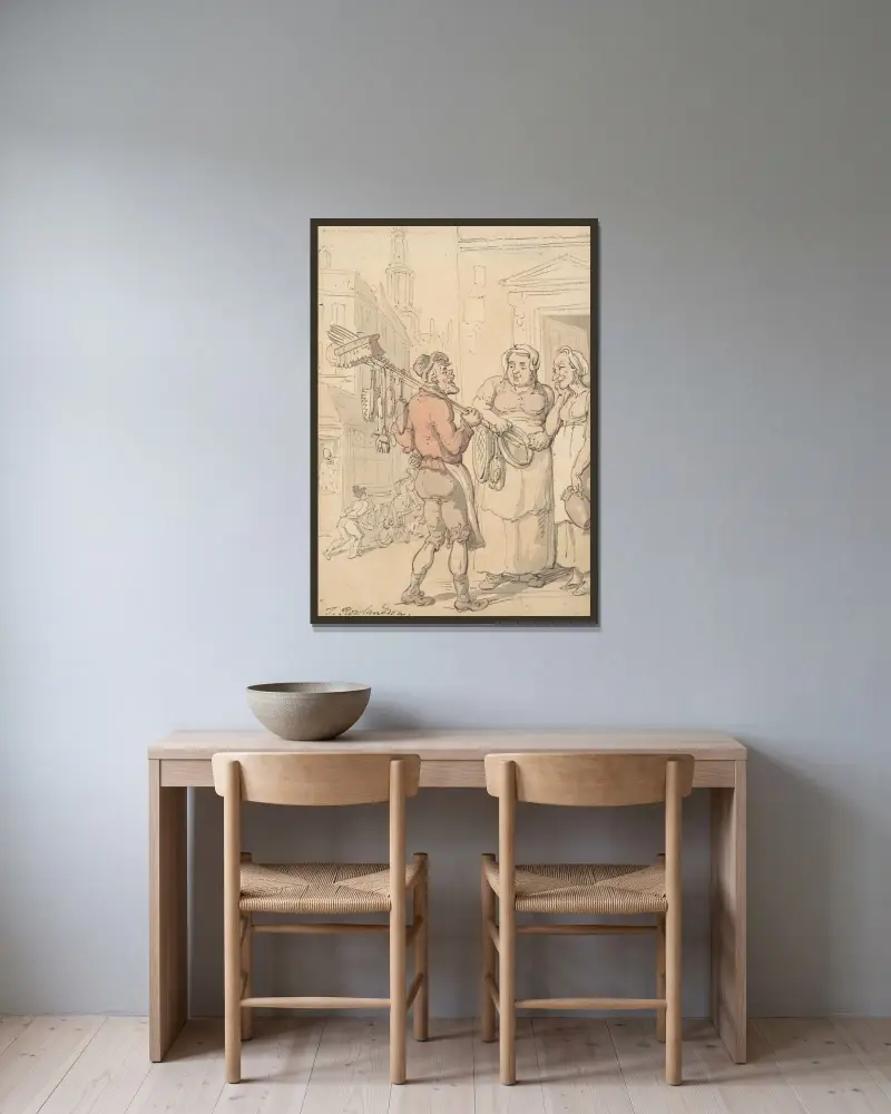 Gatuscen; Borstförsäljaren av Thomas Rowlandson inramad på en vägg
