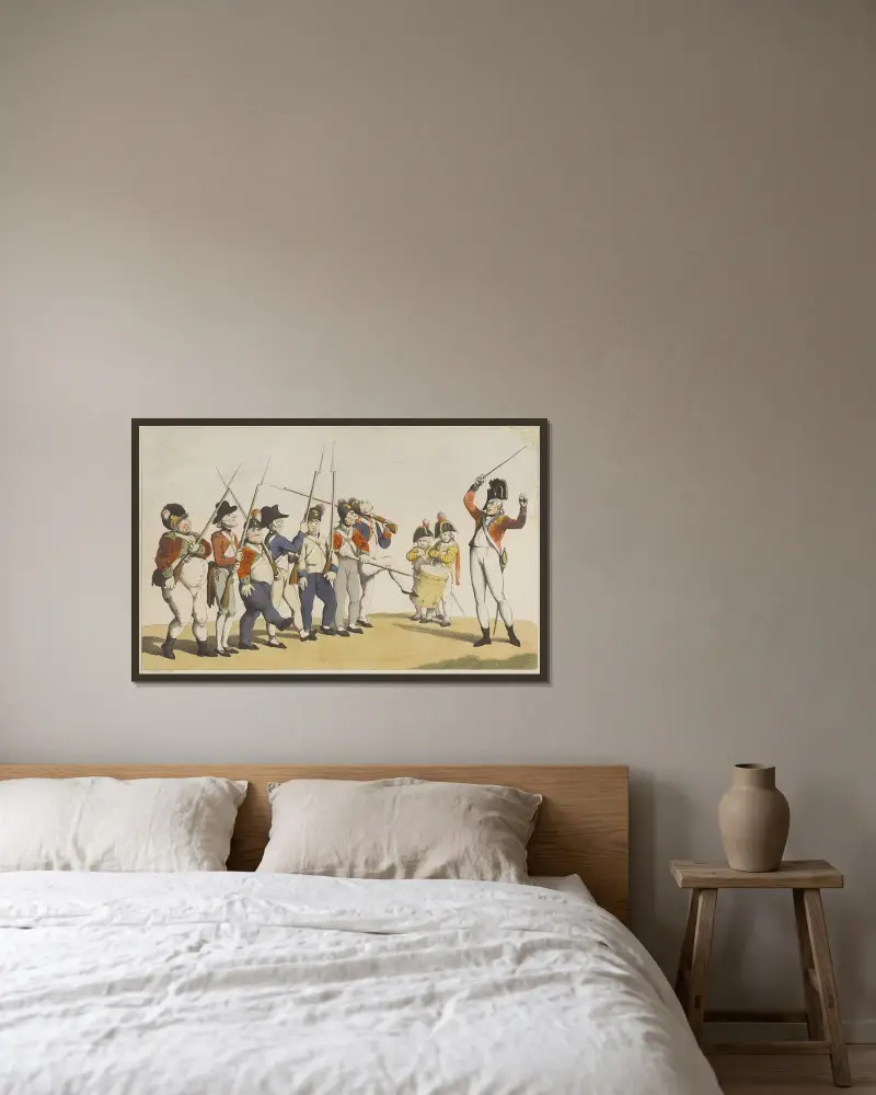 Die ungeschickte Truppe oder der wütende Sergeant, 1798 von Thomas Rowlandson gerahmt an einer Wand