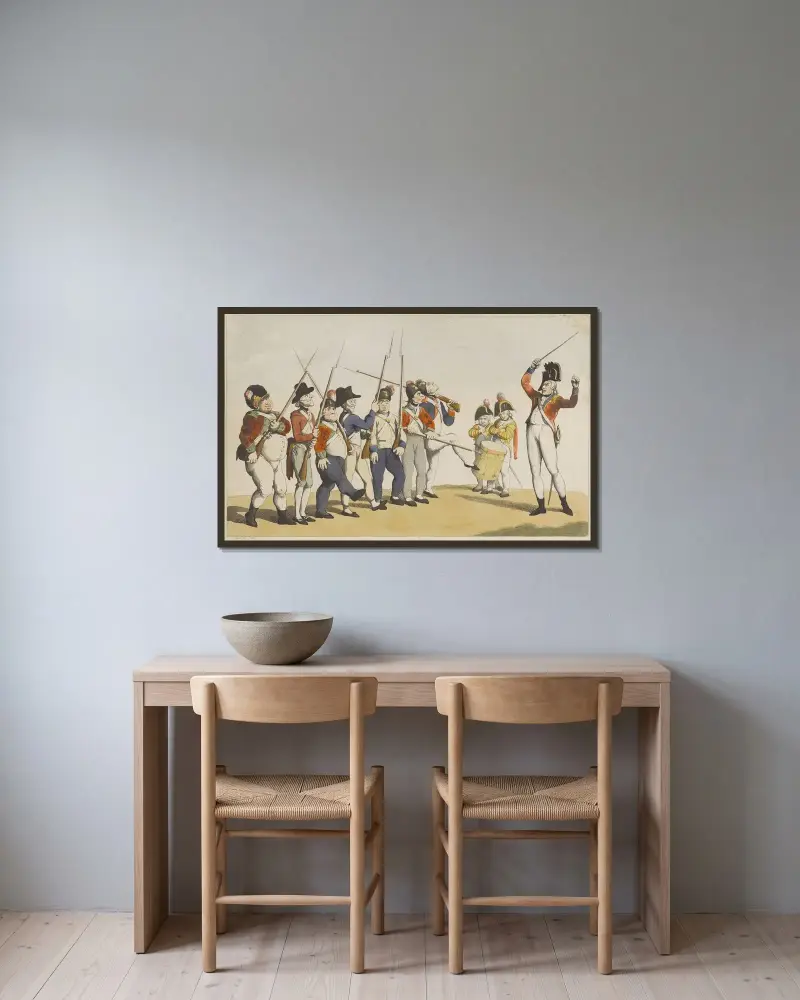 Die ungeschickte Truppe oder der wütende Sergeant, 1798 von Thomas Rowlandson gerahmt an einer Wand
