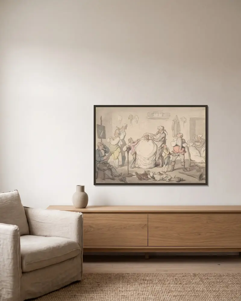 Barbershopen av Thomas Rowlandson inramad på en vägg