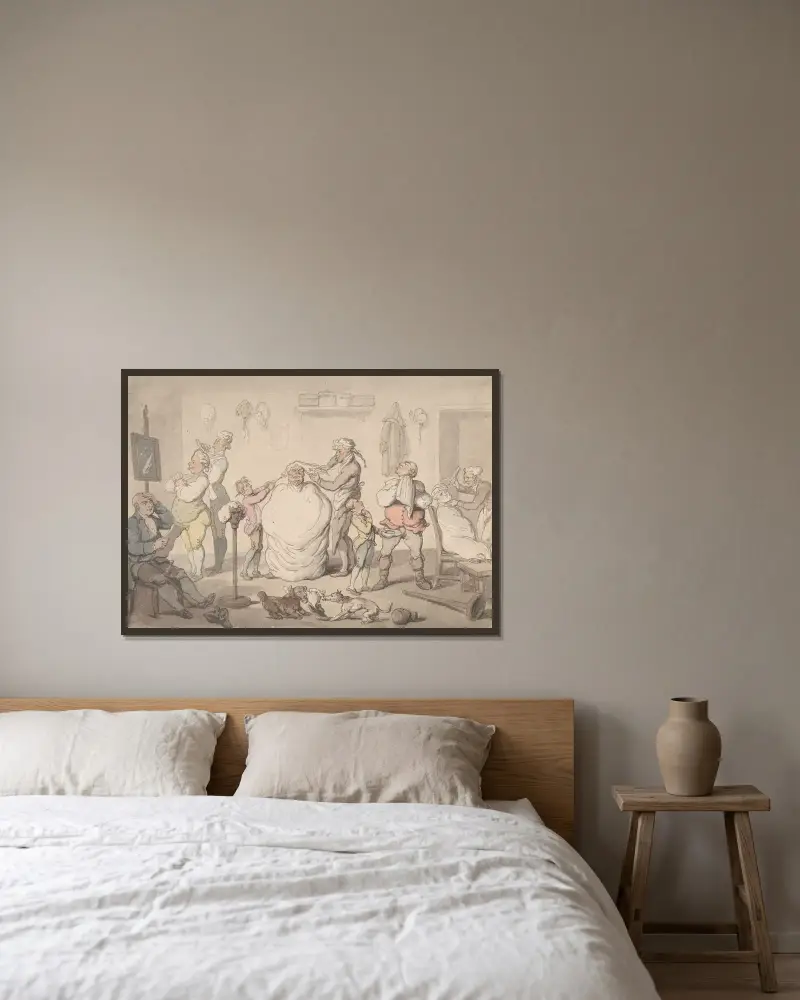 Barbershopen av Thomas Rowlandson inramad på en vägg