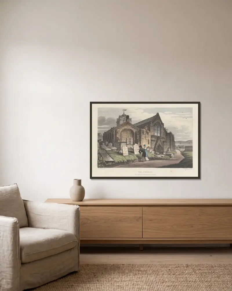 Kyrkan av Thomas Rowlandson inramad på en vägg