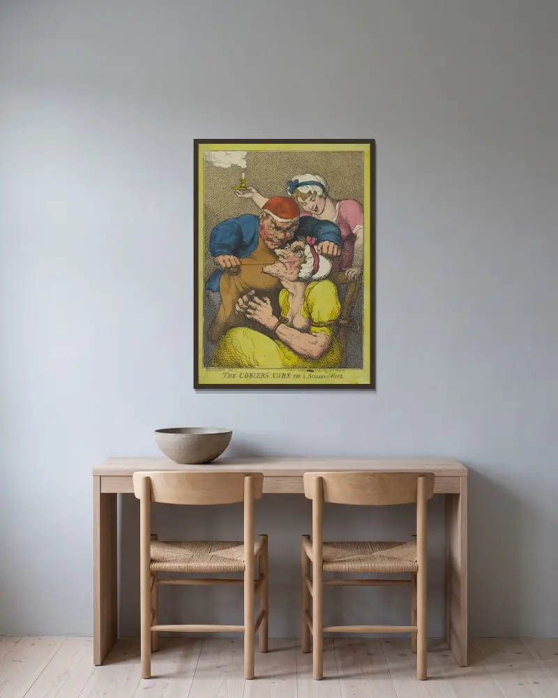 Skoputsarens bot för en grälande hustru av Thomas Rowlandson inramad på en vägg