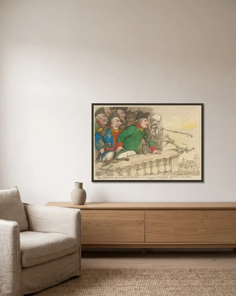 Korsikanen och hans blodhundar vid Tuileriernas fönster med utsikt över Paris av Thomas Rowlandson inramad på en vägg