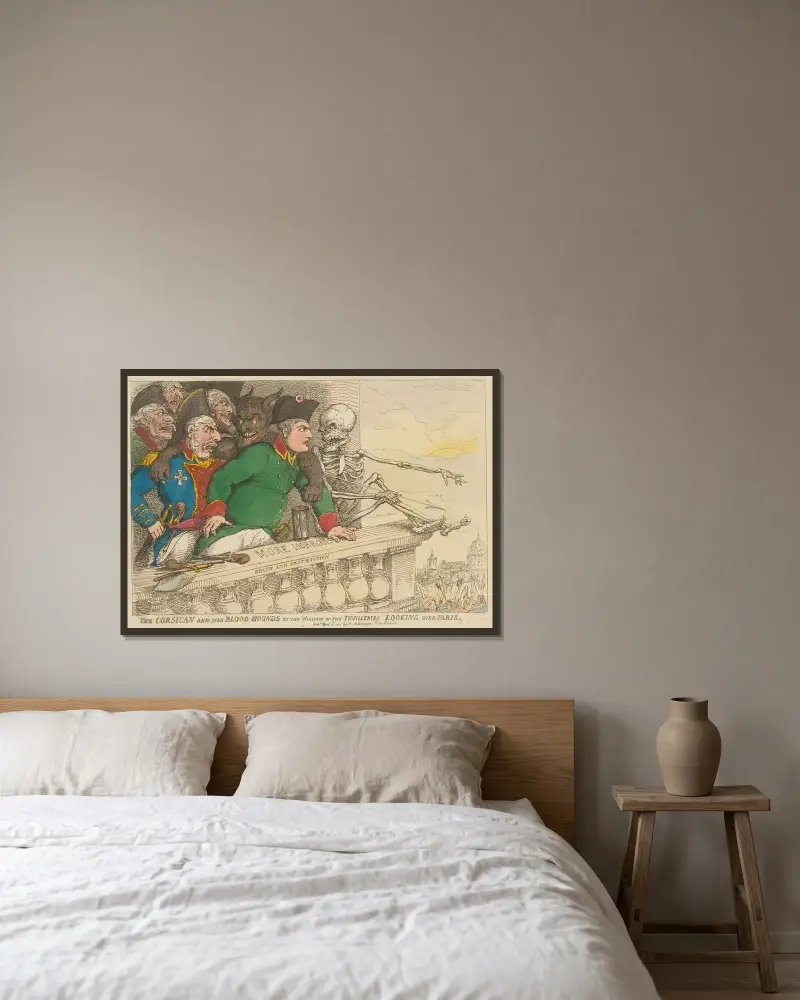 Korsikanen och hans blodhundar vid Tuileriernas fönster med utsikt över Paris av Thomas Rowlandson inramad på en vägg