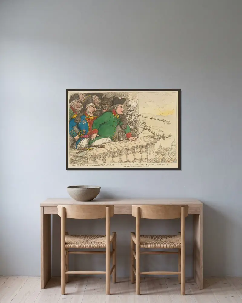 Korsikanen och hans blodhundar vid Tuileriernas fönster med utsikt över Paris av Thomas Rowlandson inramad på en vägg
