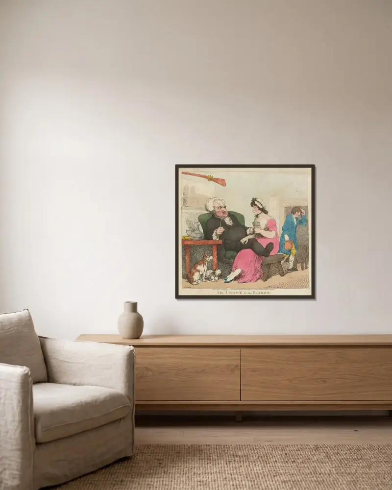 Kråkan och duvan av Thomas Rowlandson inramad på en vägg