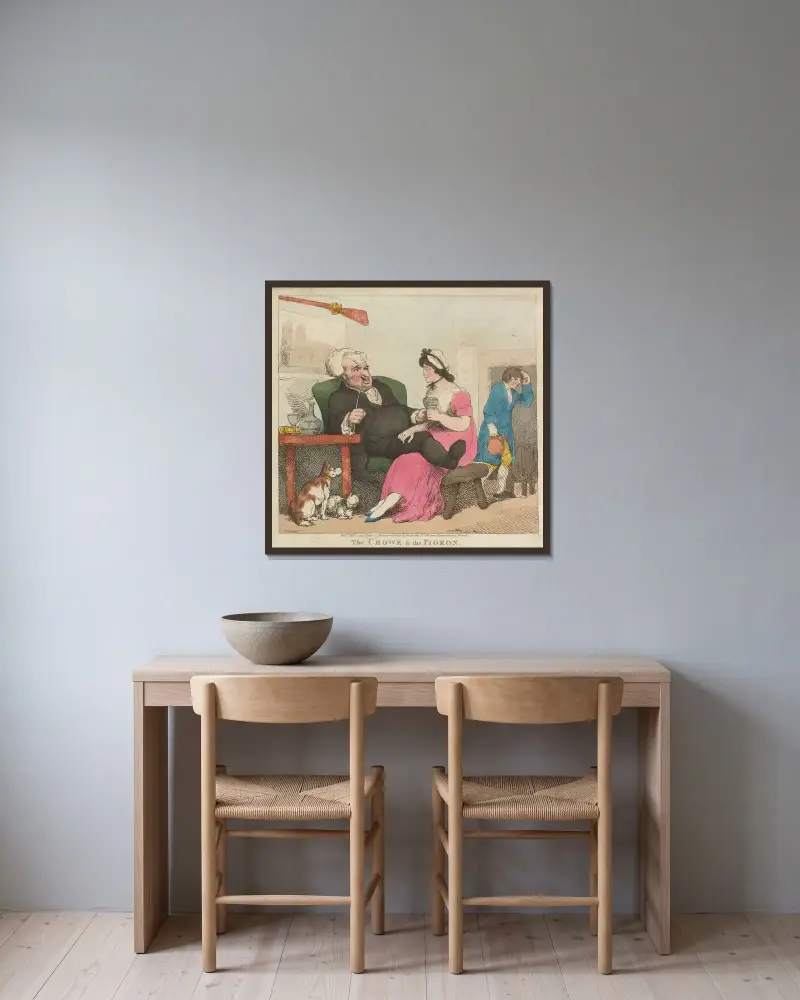 Kråkan och duvan av Thomas Rowlandson inramad på en vägg