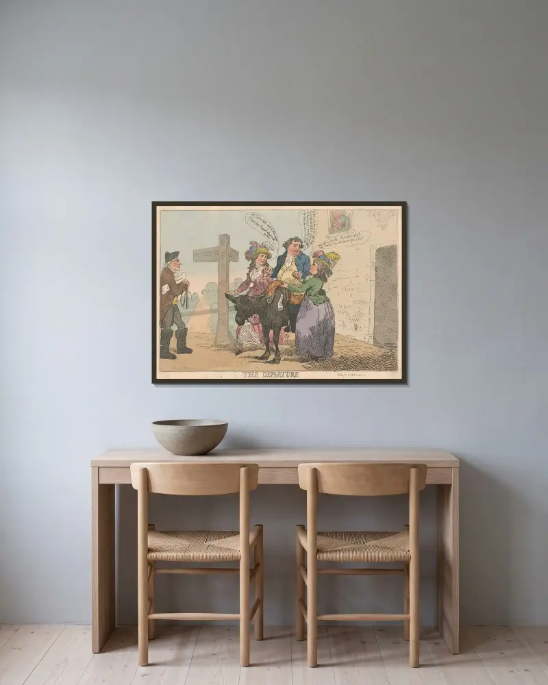 Avfärden av Thomas Rowlandson inramad på en vägg