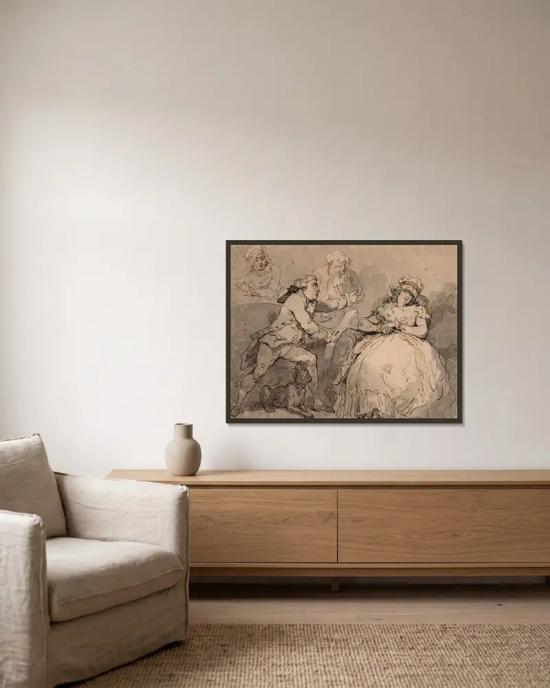 Den rasande maken och den slösaktiga hustrun av Thomas Rowlandson inramad på en vägg