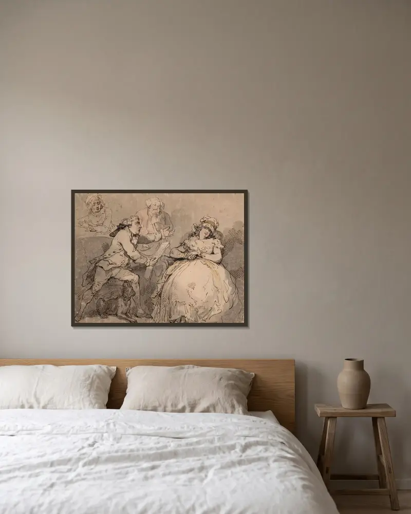 Den rasande maken och den slösaktiga hustrun av Thomas Rowlandson inramad på en vägg