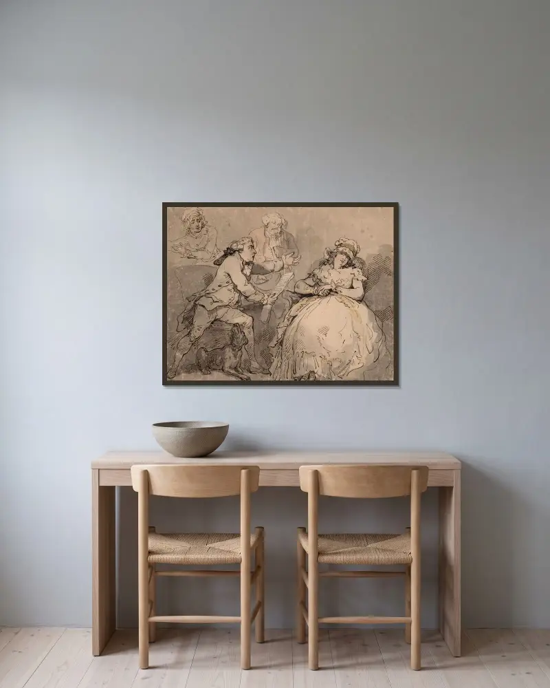 Den rasande maken och den slösaktiga hustrun av Thomas Rowlandson inramad på en vägg