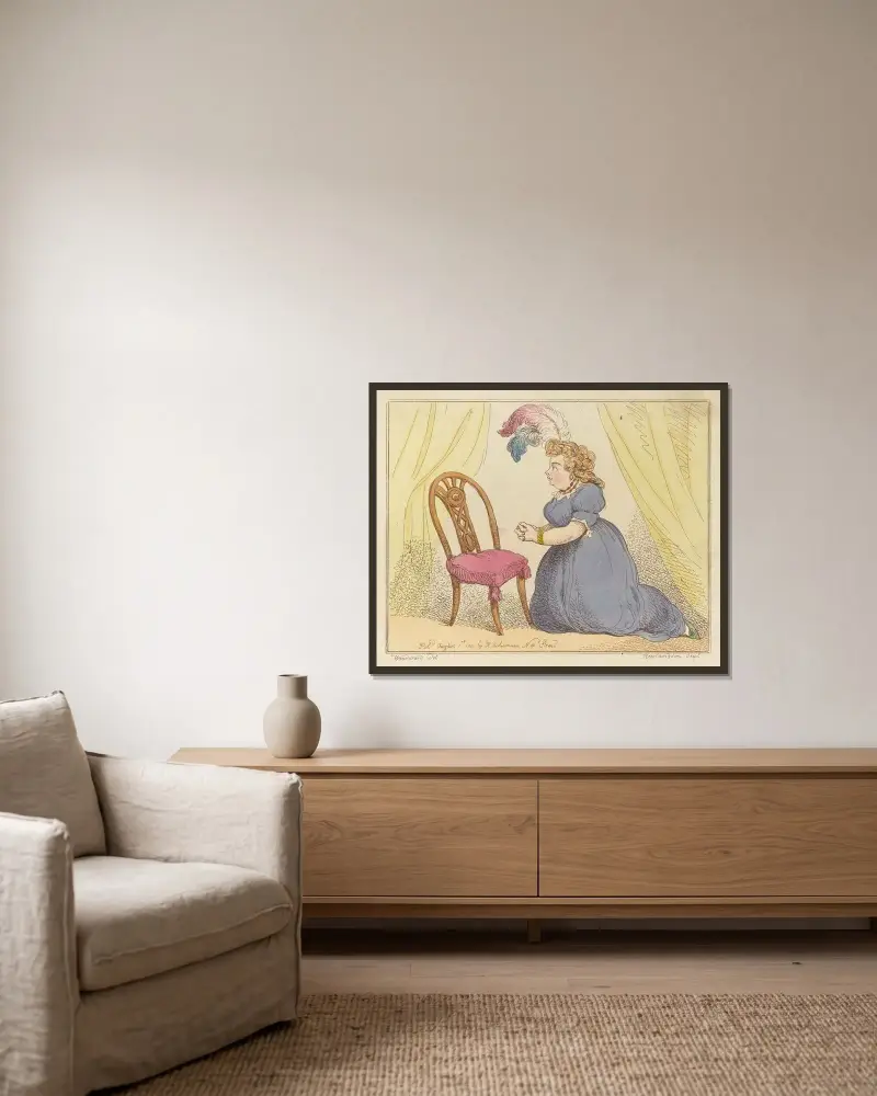 Den kvinnliga spelarens bön!! av Thomas Rowlandson inramad på en vägg