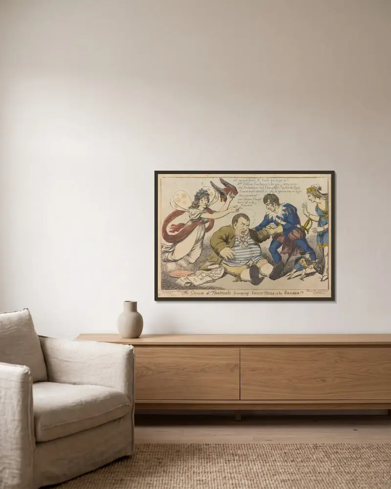 Das Genie des Theaters bringt John Bull zur Vernunft!!! von Thomas Rowlandson gerahmt an einer Wand