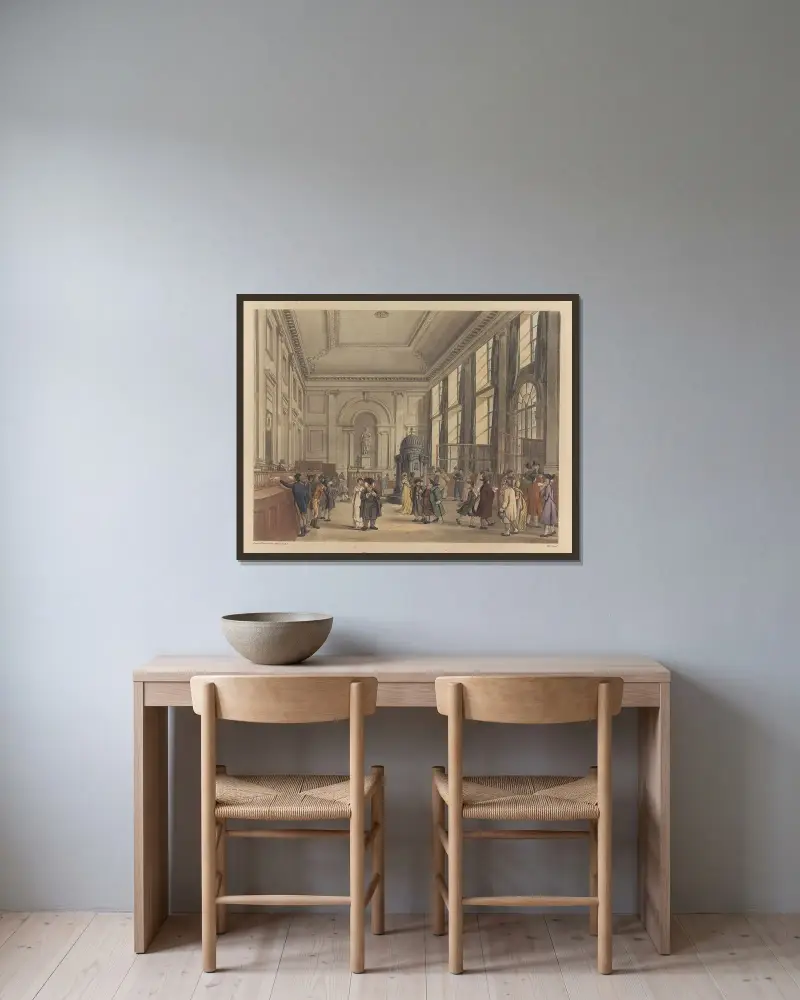 Die Große Halle, Bank of England von Thomas Rowlandson gerahmt an einer Wand