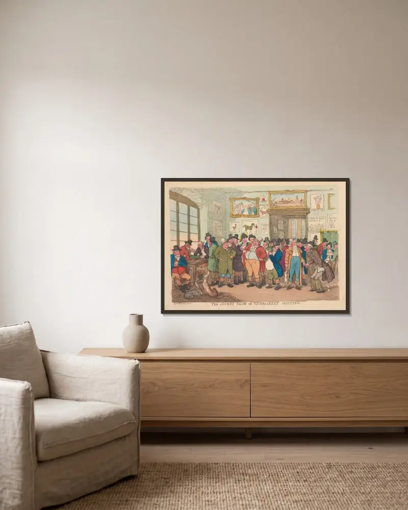 Der Jockey Club oder das Treffen in Newmarket von Thomas Rowlandson gerahmt an einer Wand