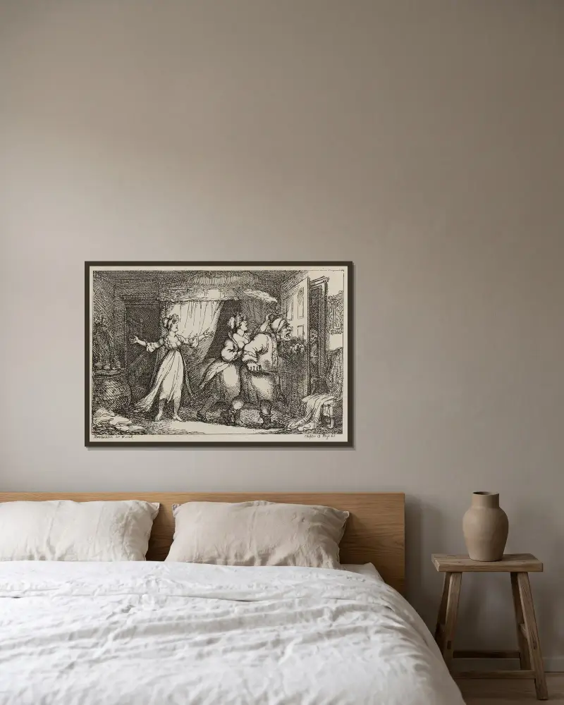 Eländet med intriger av Thomas Rowlandson inramad på en vägg