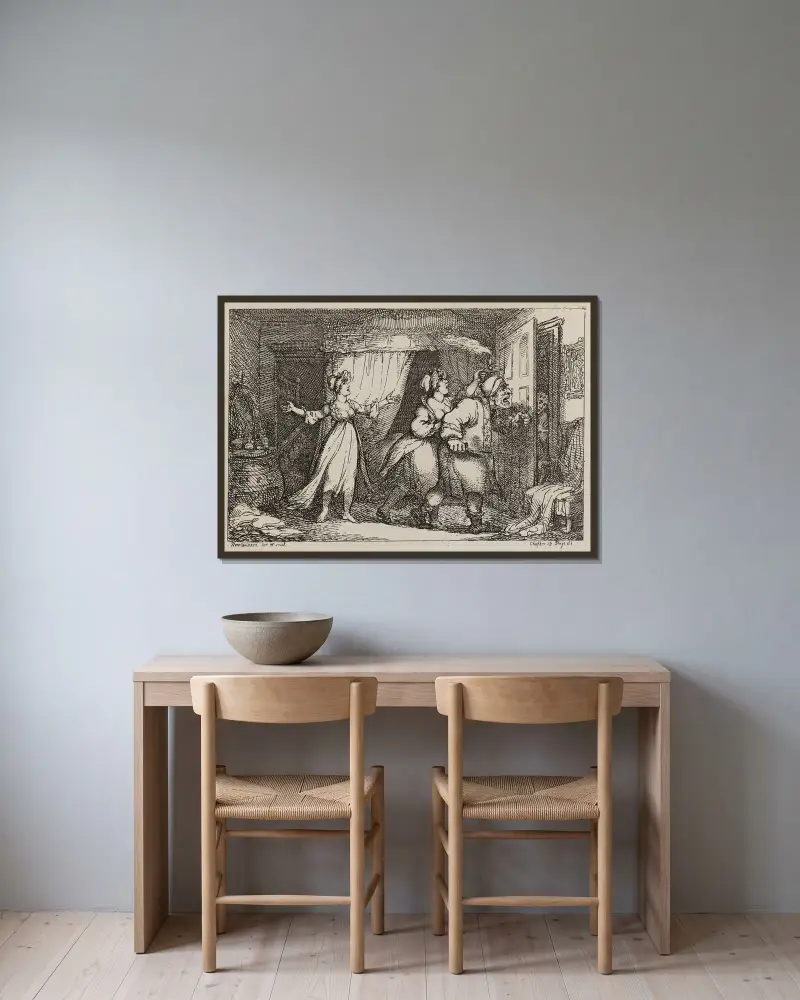 Eländet med intriger av Thomas Rowlandson inramad på en vägg