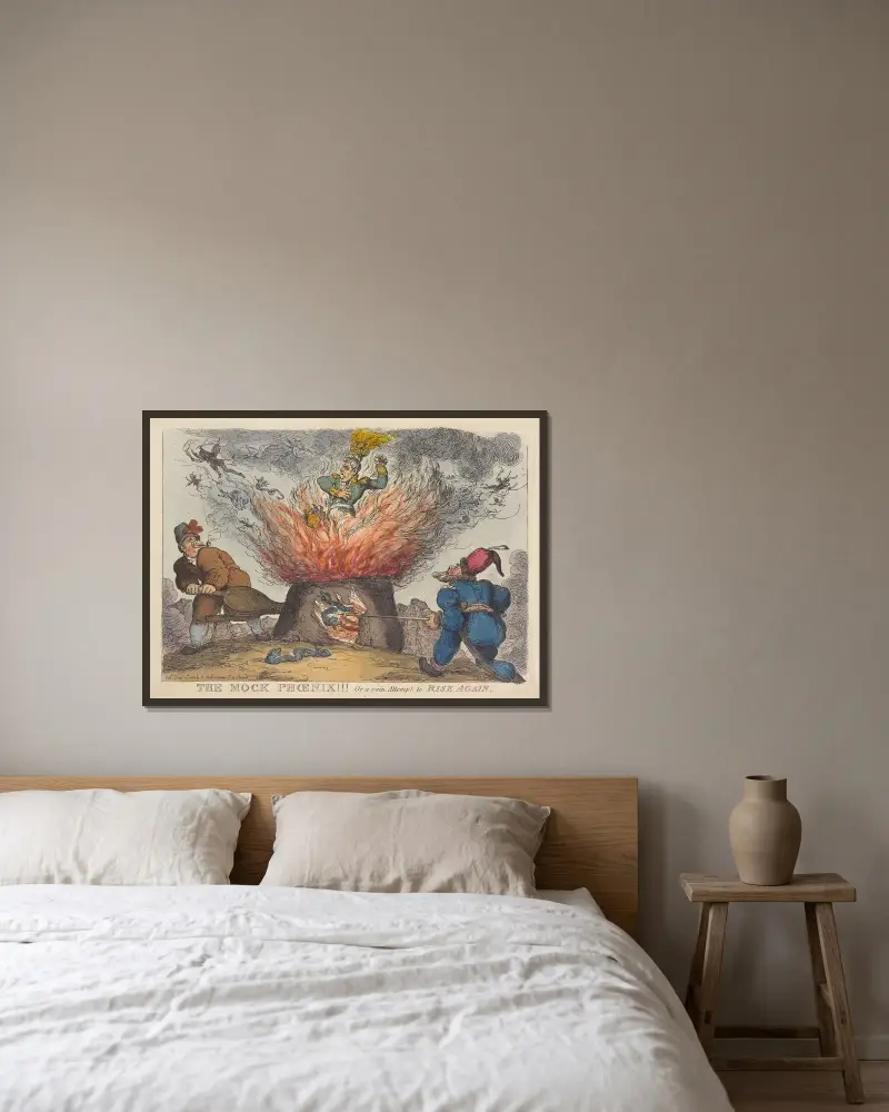 Den falska fenixen!!! Eller ett fåfängt försök att resa sig igen av Thomas Rowlandson inramad på en vägg