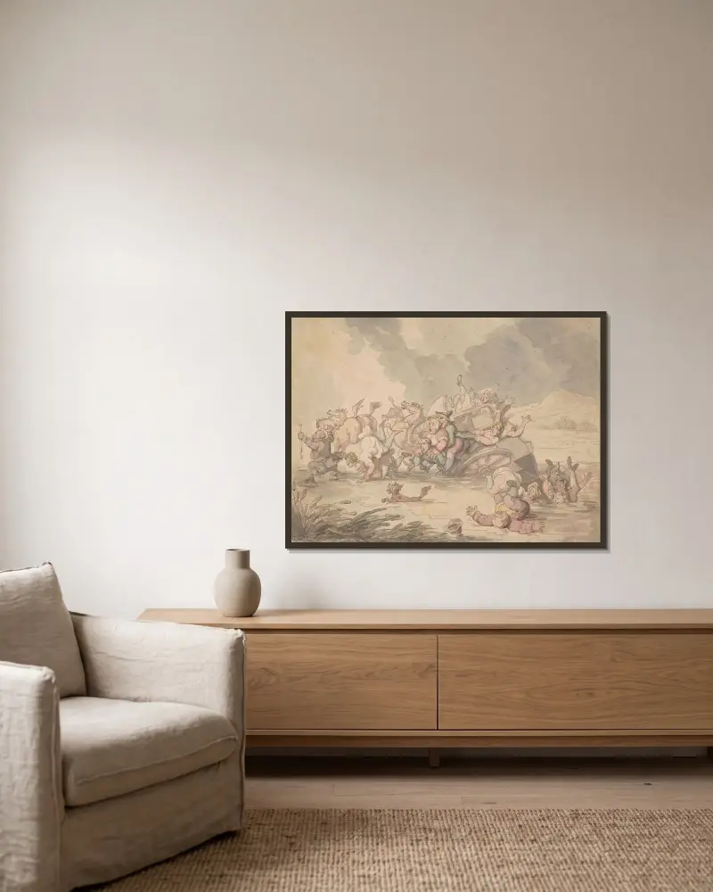 Den kullvälta vagnen av Thomas Rowlandson inramad på en vägg