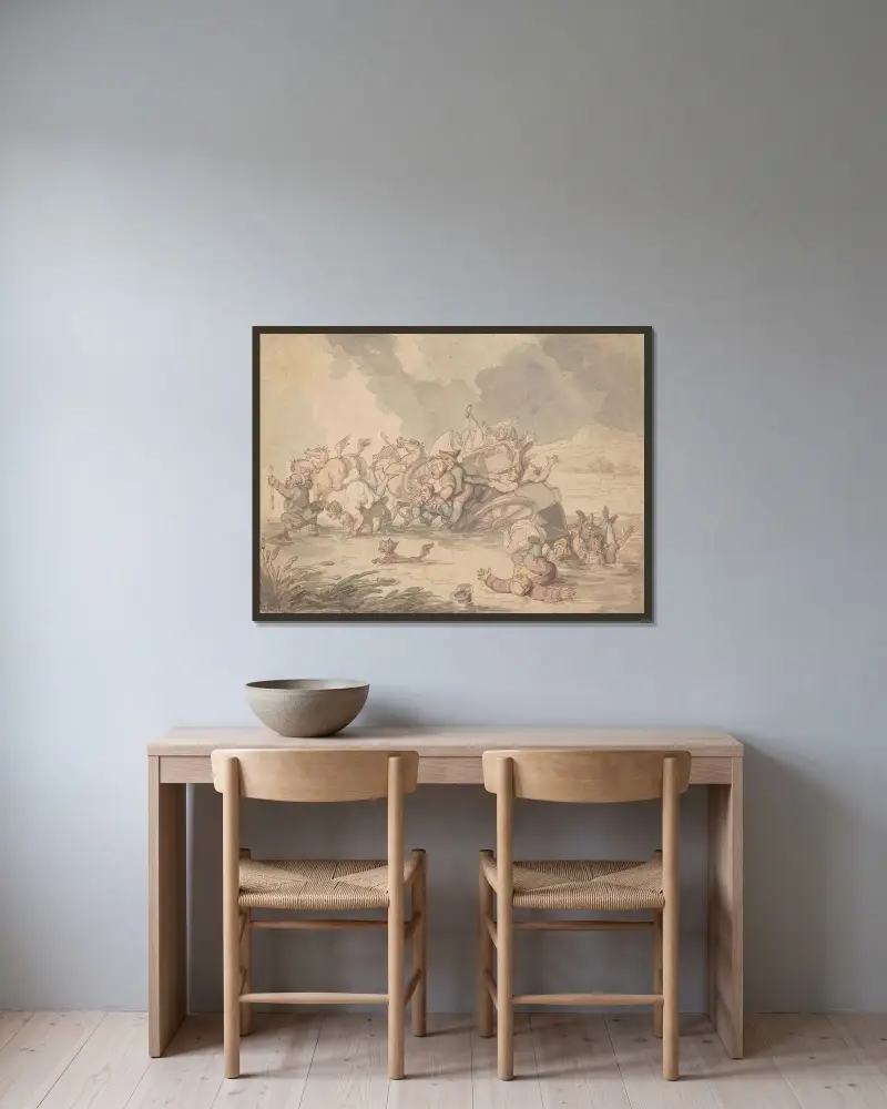 Den kullvälta vagnen av Thomas Rowlandson inramad på en vägg