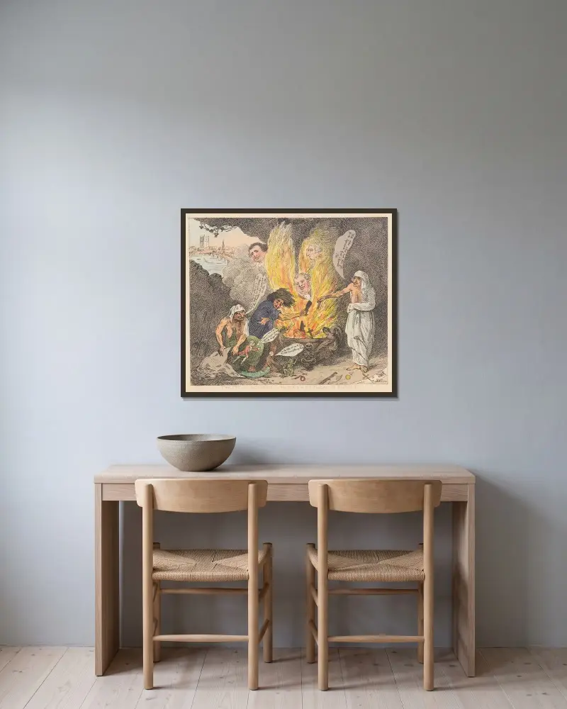 Die Grube des Acheron oder die Geburt der Plagen Englands von Thomas Rowlandson gerahmt an einer Wand