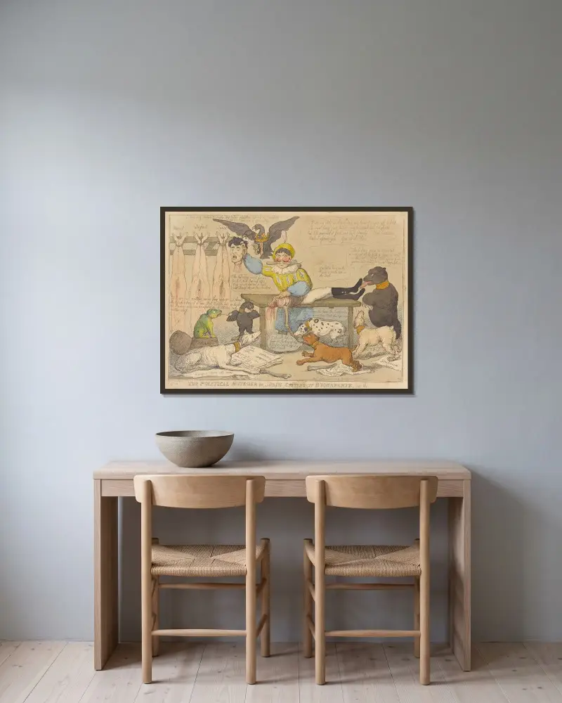 Der politische Metzger oder Spanien zerlegt Buonaparte, zum Nutzen der Nachbarn von Thomas Rowlandson gerahmt an einer Wand
