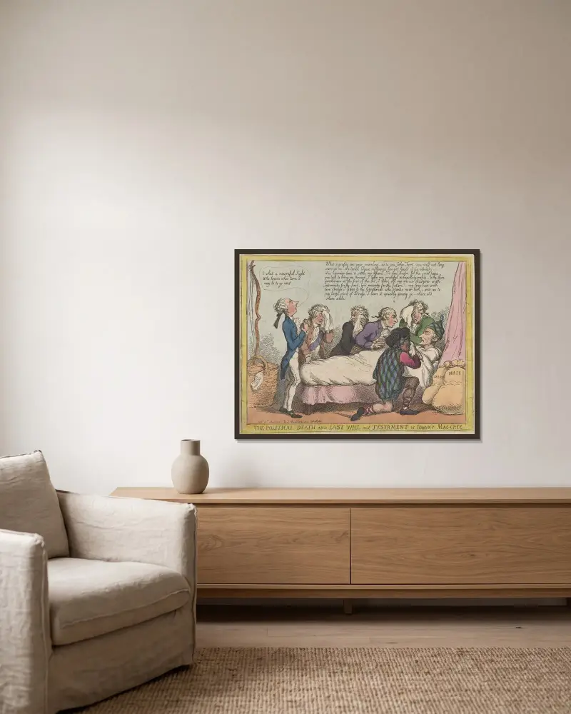 Den politiska döden och sista vilja och testamente av Johnny Mac-Cree av Thomas Rowlandson inramad på en vägg