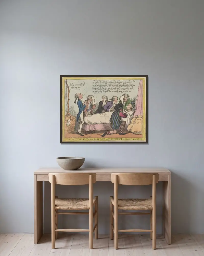 Den politiska döden och sista vilja och testamente av Johnny Mac-Cree av Thomas Rowlandson inramad på en vägg