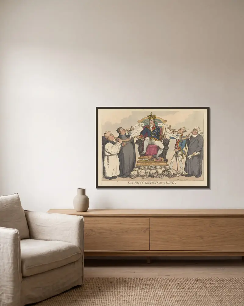 En kungs privy council av Thomas Rowlandson inramad på en vägg