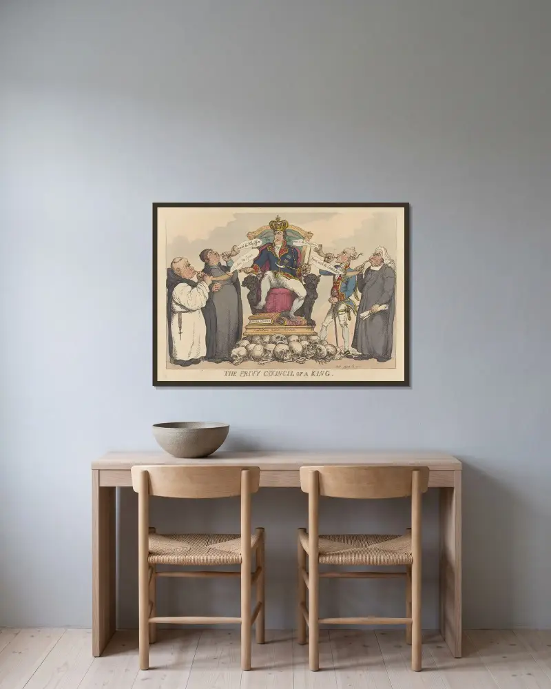 En kungs privy council av Thomas Rowlandson inramad på en vägg