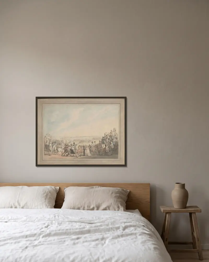 Mönstringen på Wimbledon Common av Thomas Rowlandson inramad på en vägg