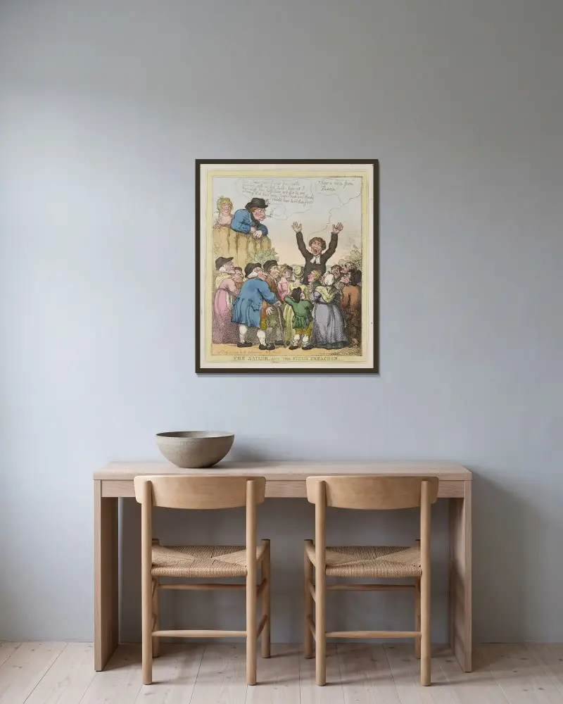 Sjömannen och fältpredikanten av Thomas Rowlandson inramad på en vägg