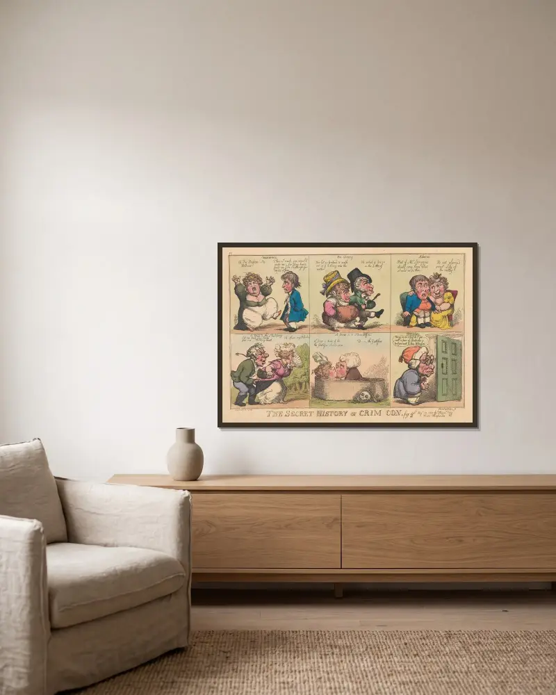 The secret history of Crim Con. Fig 2. av Thomas Rowlandson inramad på en vägg