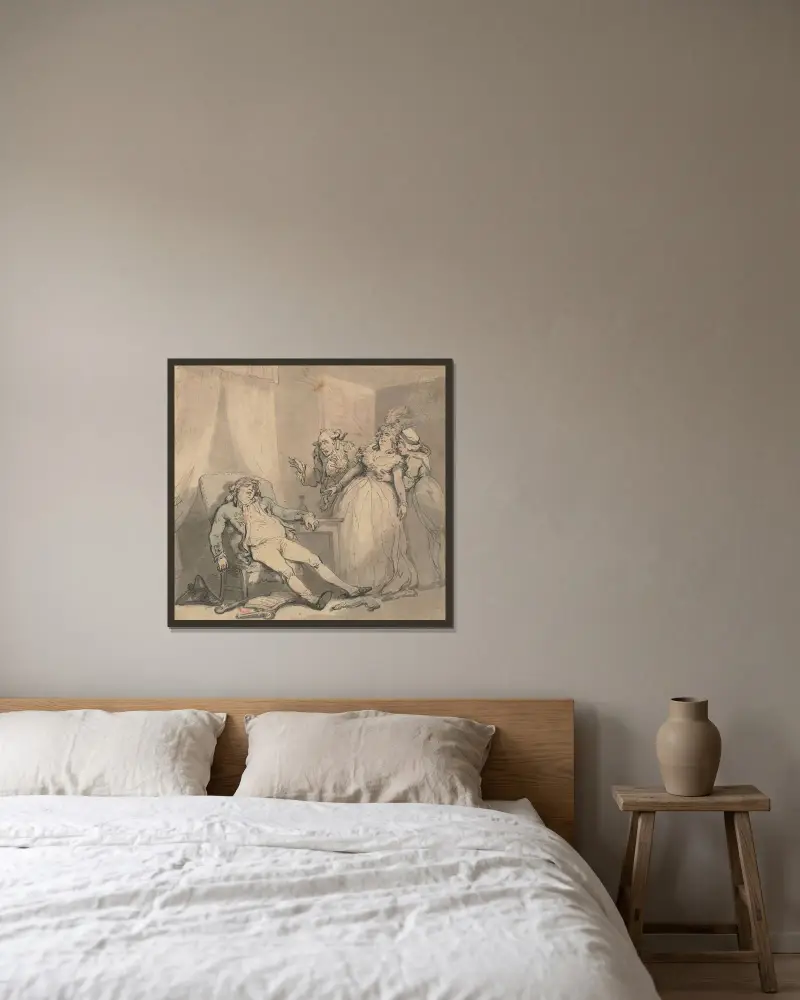 Självmordet av Thomas Rowlandson inramad på en vägg